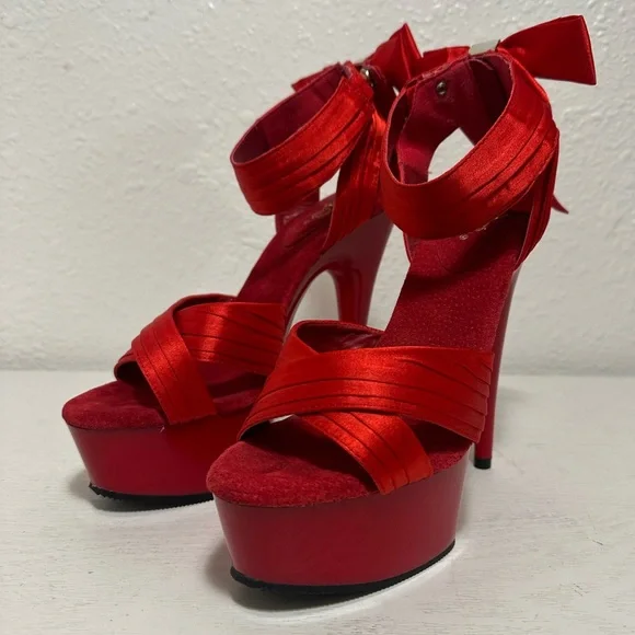 Pleaser delight Red Satin Platform Ankle-Tie High Heel Sandal - Picture 2 of 12